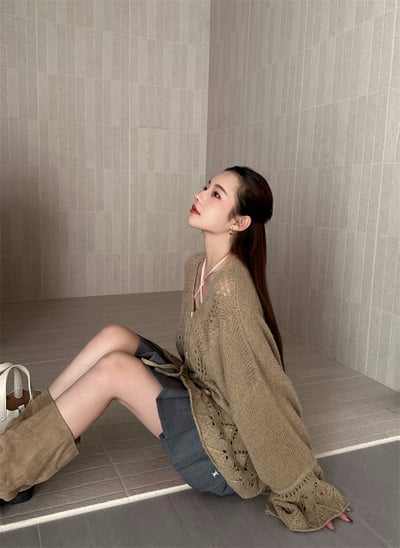 重工手工鉤花鏤空抽繩V領毛衣16