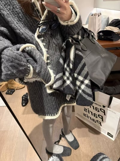 v領拼色針織小翻領絞花套裝11