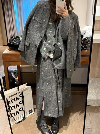 蝴蝶結毛呢半身裙西裝外套套裝3