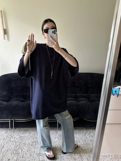 大落肩空氣輪廓中長捲邊T恤5