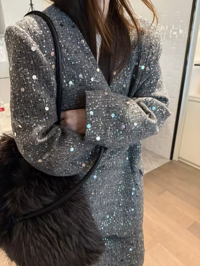 西裝外套釘珠套裝假兩件半身中裙1