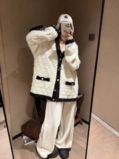 小香風拼色麻花大开衫長褲套裝16