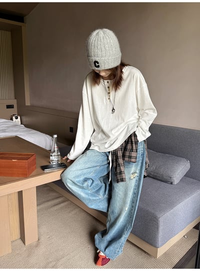 簡約不規則扣捲邊純色長袖T5