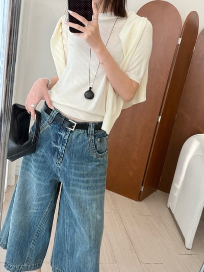 春季羊毛短袖圓領針織開襟衫薄外套兩件式14