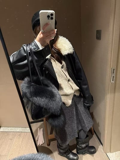 環保皮保暖毛領夾棉外套6