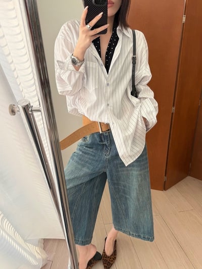 春季清爽豎條紋翻領襯衫寬鬆休閒上衣10