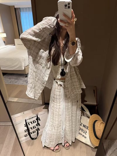 亞麻天絲暗格襯衫拼接蕾絲半身裙1