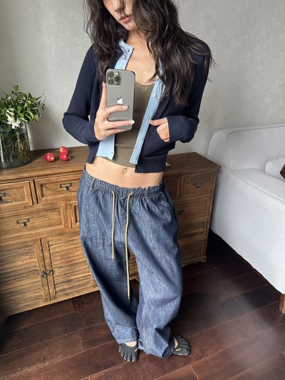 原牛可收腰落肩廓形長褲套裝5