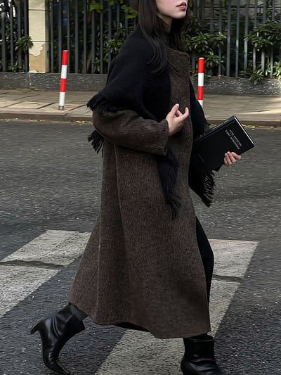羊毛雙面圓領長大衣配流蘇圍巾3
