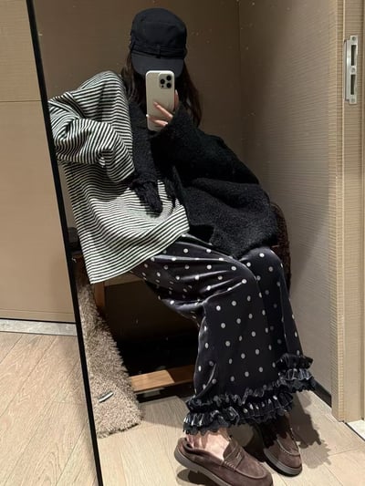 鬆緊腰加絨花邊波點九分褲4