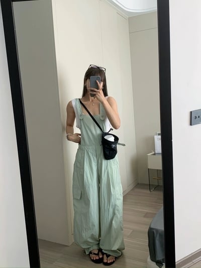 大推~夏款寬鬆闊腿工裝背帶褲清爽休閒長褲2