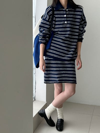 條紋翻領針織衫半身裙套裝3