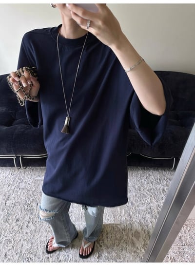 大落肩空氣輪廓中長捲邊T恤1