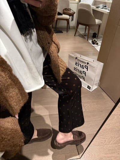 高腰鬆緊波點加絨微喇叭八分褲3