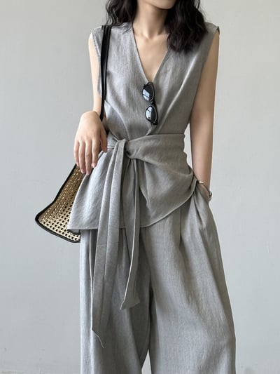 V領亞麻綁帶收腰無袖長褲套裝5