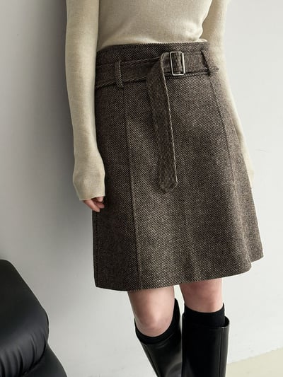 高腰毛呢腰帶寬鬆短裙2