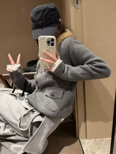 綿羊毛毛領可拆式排扣針織16