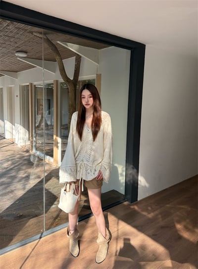 重工手工鉤花鏤空抽繩V領毛衣18