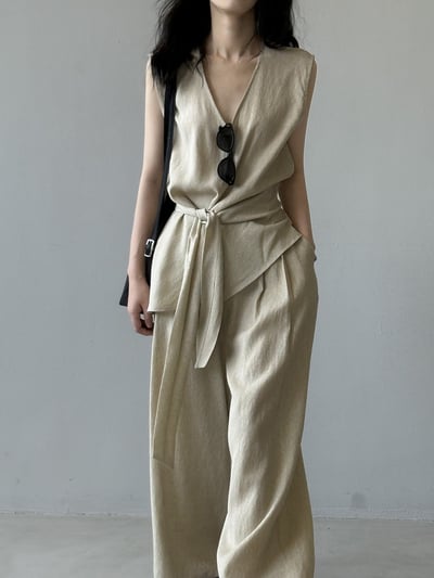 V領亞麻綁帶收腰無袖長褲套裝4
