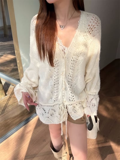 重工手工鉤花鏤空抽繩V領毛衣6