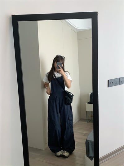 大推~夏款寬鬆闊腿工裝背帶褲清爽休閒長褲5