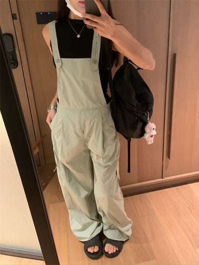 大推~夏款寬鬆闊腿工裝背帶褲清爽休閒長褲13