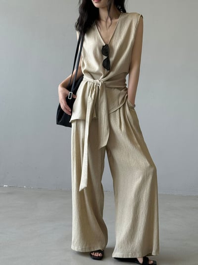 V領亞麻綁帶收腰無袖長褲套裝1