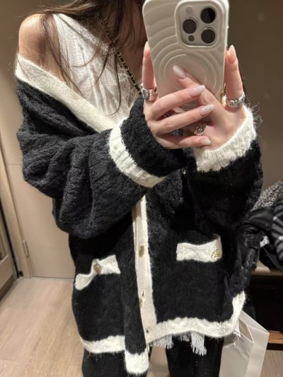 小香風拼色麻花大开衫長褲套裝5