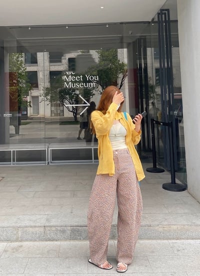 亞麻弧形闊腿格紋休閒褲輕薄透氣輪廓長褲5