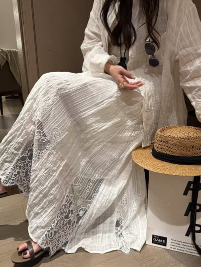 亞麻天絲暗格襯衫拼接蕾絲半身裙11