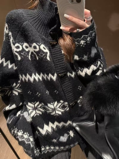 針織毛衣牛角扣費爾島開衫11