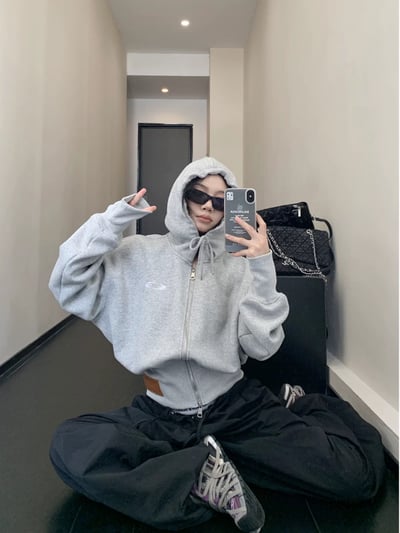 螺紋收腰短款連帽外套5