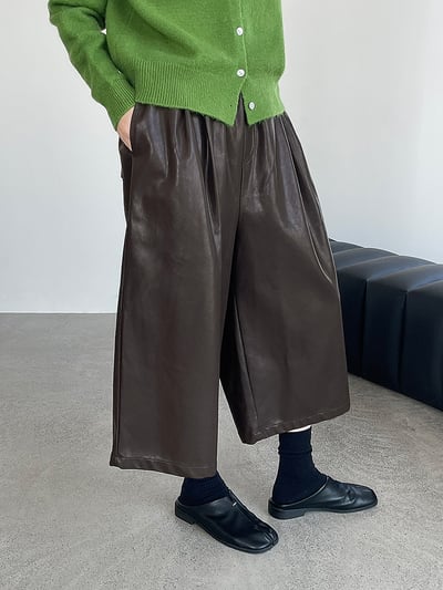 八分皮質顯瘦高腰百搭闊腿褲5