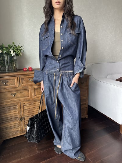 原牛可收腰落肩廓形長褲套裝1