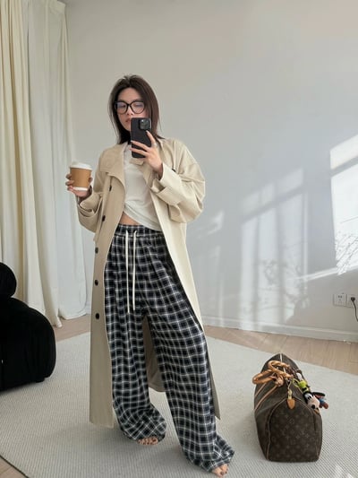 春季慵懶鬆弛感撞擊色格紋褲顯瘦休閒長褲2