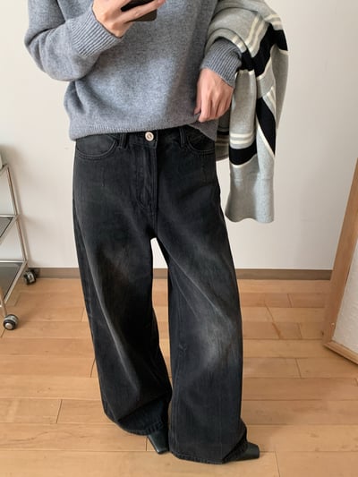 美式復古雪花水洗黑闊腿牛仔褲3