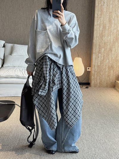 圓領單側袋不對稱T卹寬鬆輪廓8