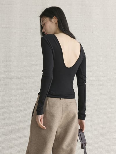 深U露背長袖T卹修身顯瘦1