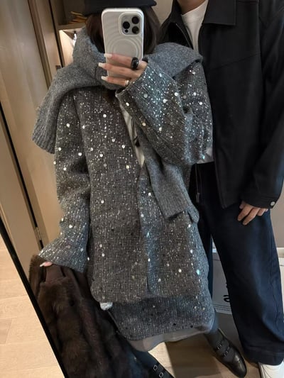 西裝外套釘珠套裝假兩件半身中裙6