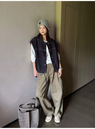 翻領拼格牛仔馬甲下擺繫帶5