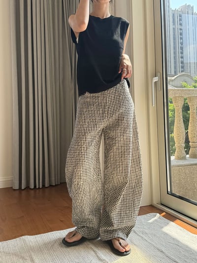 亞麻弧形闊腿格紋休閒褲輕薄透氣輪廓長褲4