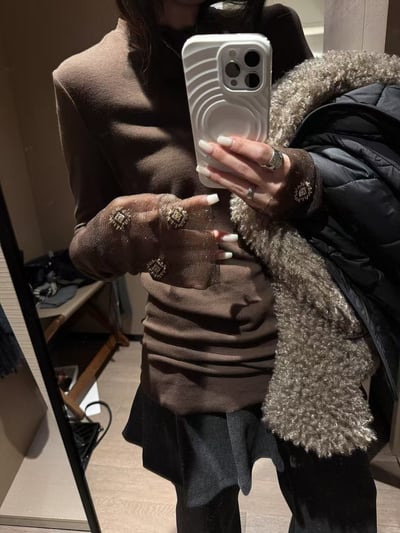 網紗長袖上衣釘珠立體拼接6