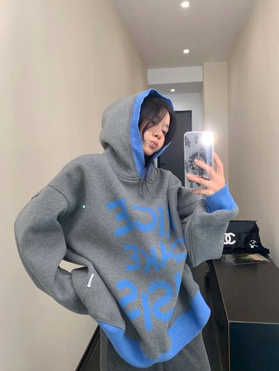 鬆弛感撞色加絨連帽衛衣加厚1