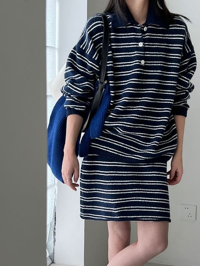 條紋翻領針織衫半身裙套裝1