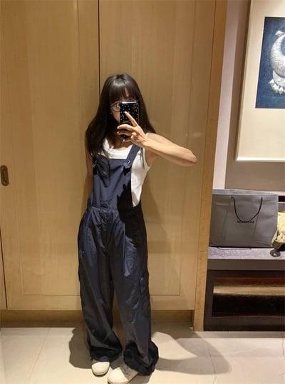 大推~夏款寬鬆闊腿工裝背帶褲清爽休閒長褲7