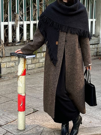 羊毛雙面圓領長大衣配流蘇圍巾2