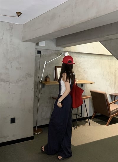 大推~夏款寬鬆闊腿工裝背帶褲清爽休閒長褲11