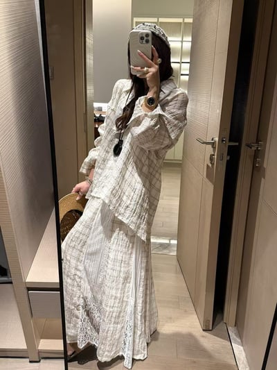 亞麻天絲暗格襯衫拼接蕾絲半身裙3