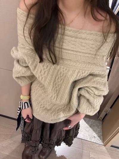 一字領麻花不對稱蝙輻袖1