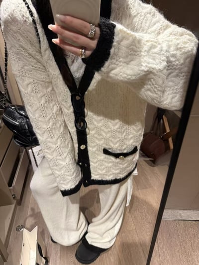 小香風拼色麻花大开衫長褲套裝9